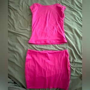 Fucsia Pink Mini Skirt and Top Cotton Stretch Set